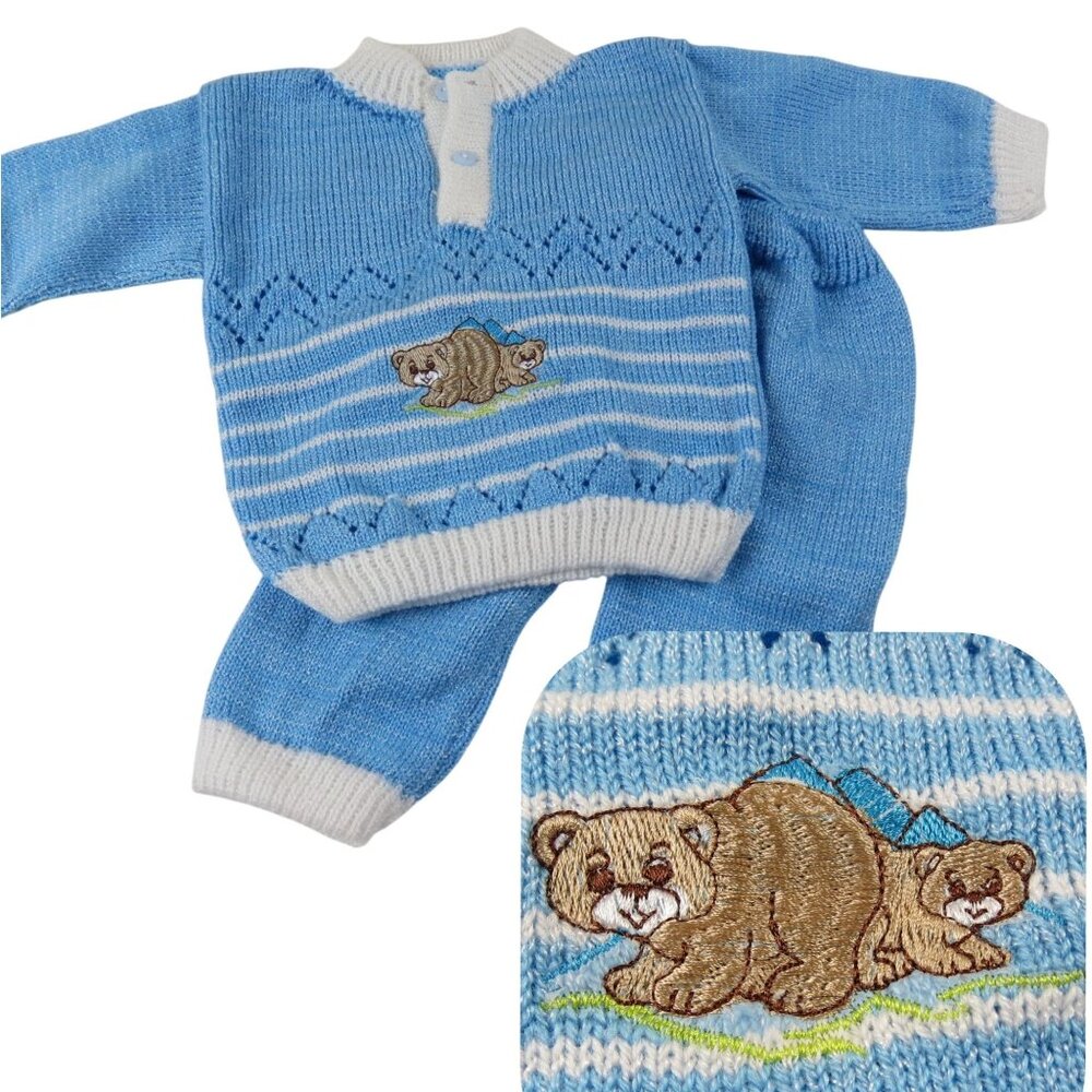 VINTAGE Baby Boy Blue White Sweater Pants Outfit Set with Embroidered Bear
